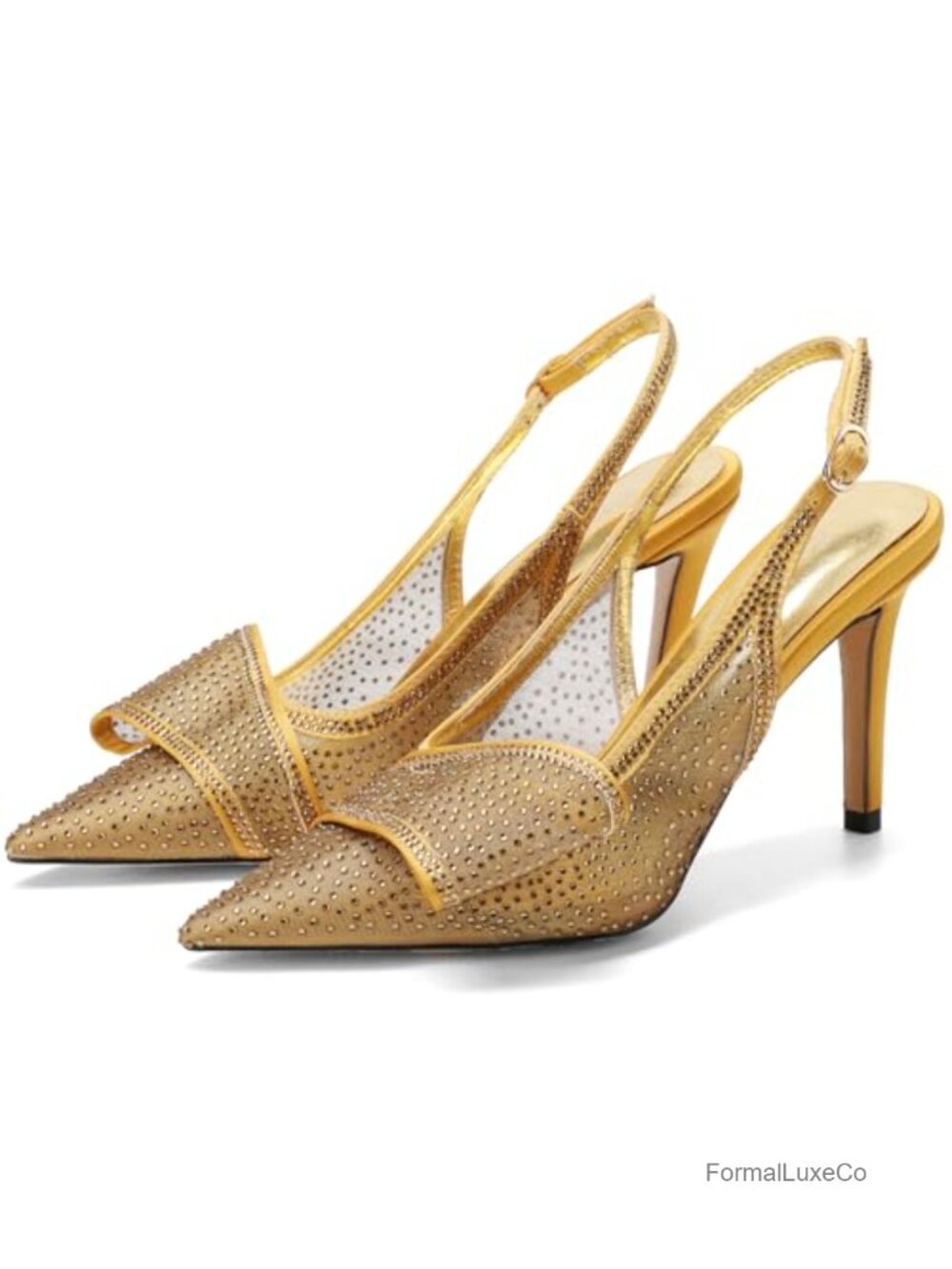 Sparkling Rhinestone Bow Mesh Slingback Heels Pointed Toe Pumps 3.3" Stiletto